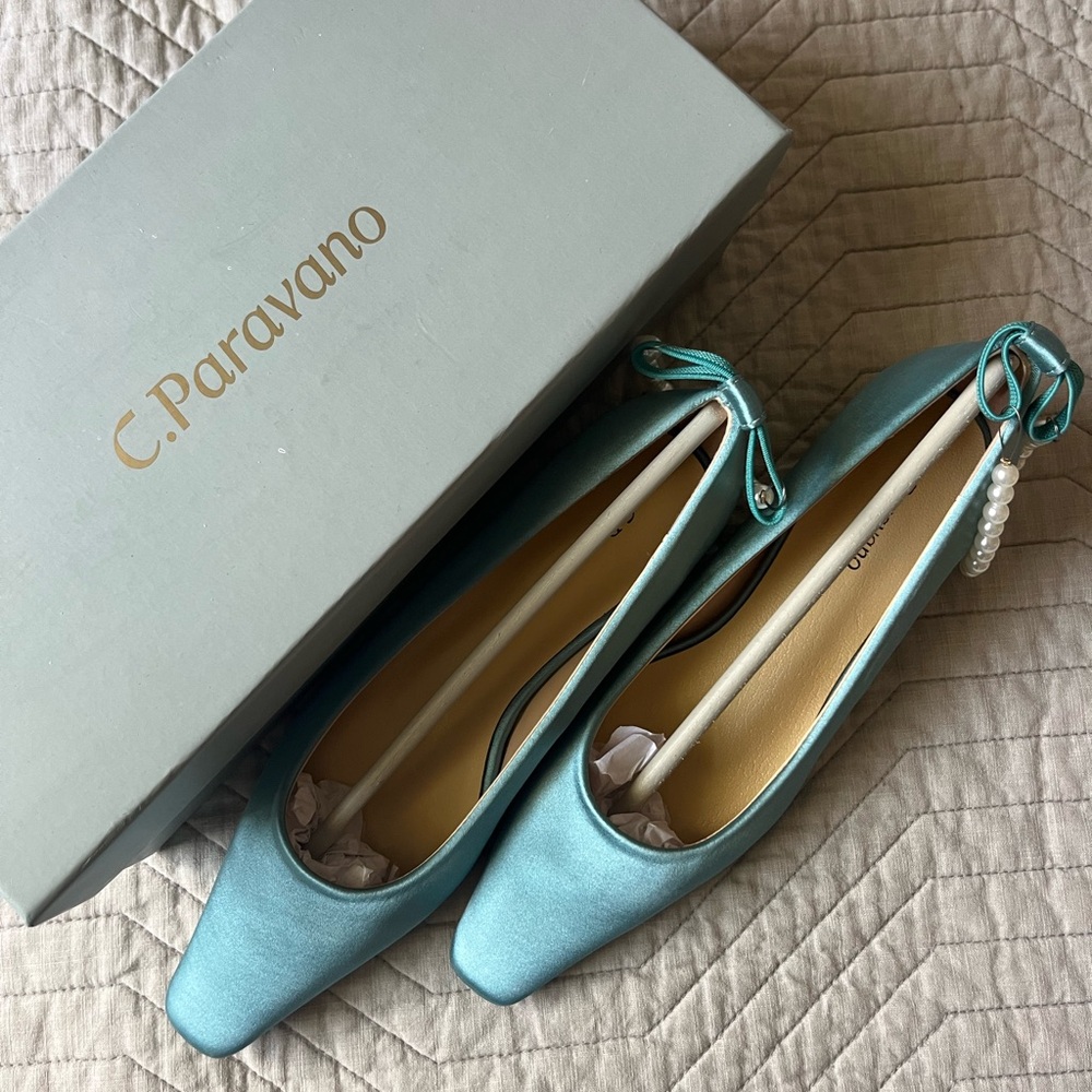 Blue Mini Heel with Pearl Ankle Strap